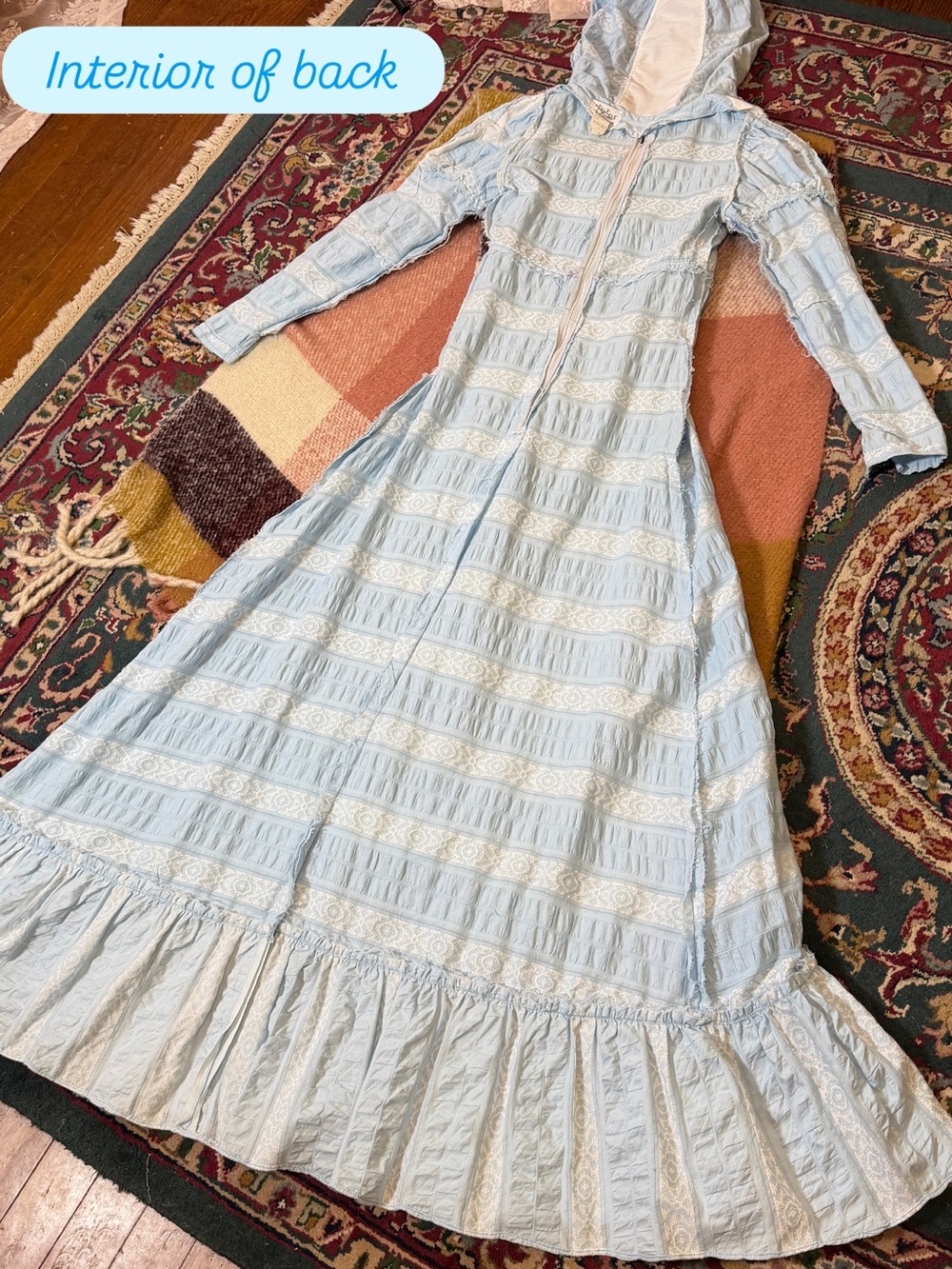 Rare White Label Gunne Sax Blue and White Hood with Blue and Pink Trim, 7 - Picture 15 of 16